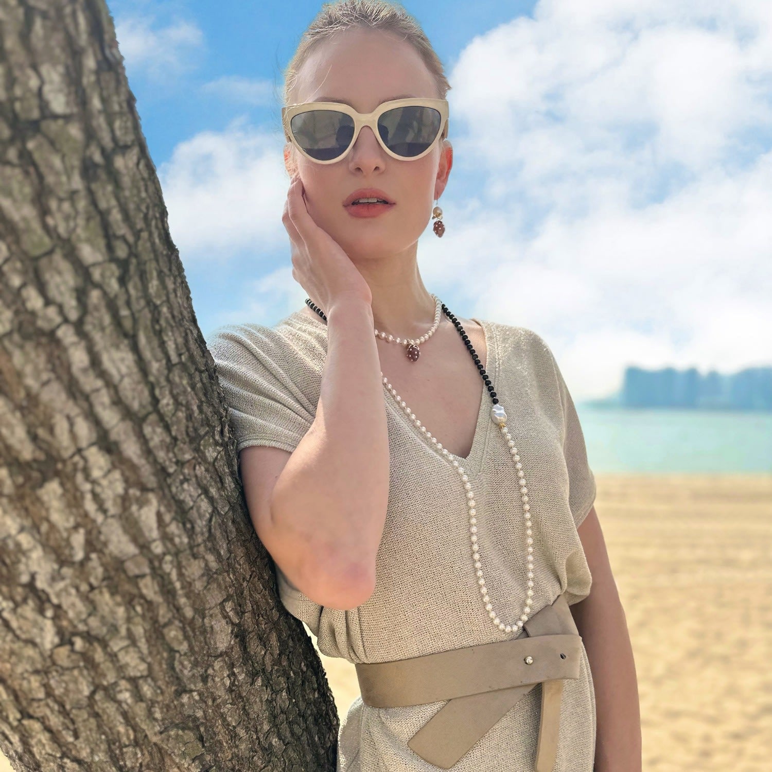 Black Obsidian And White Freshwater Pearls Long Necklace