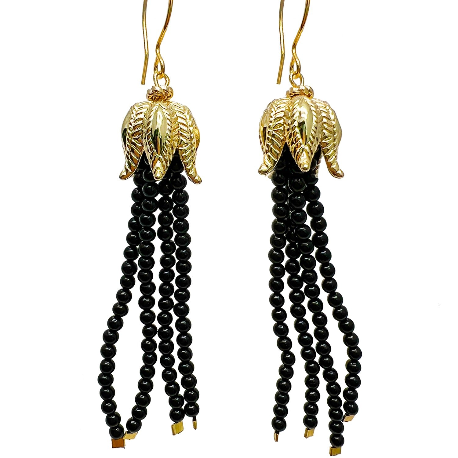 Black Obsidian Beaded Tassel Earrings
