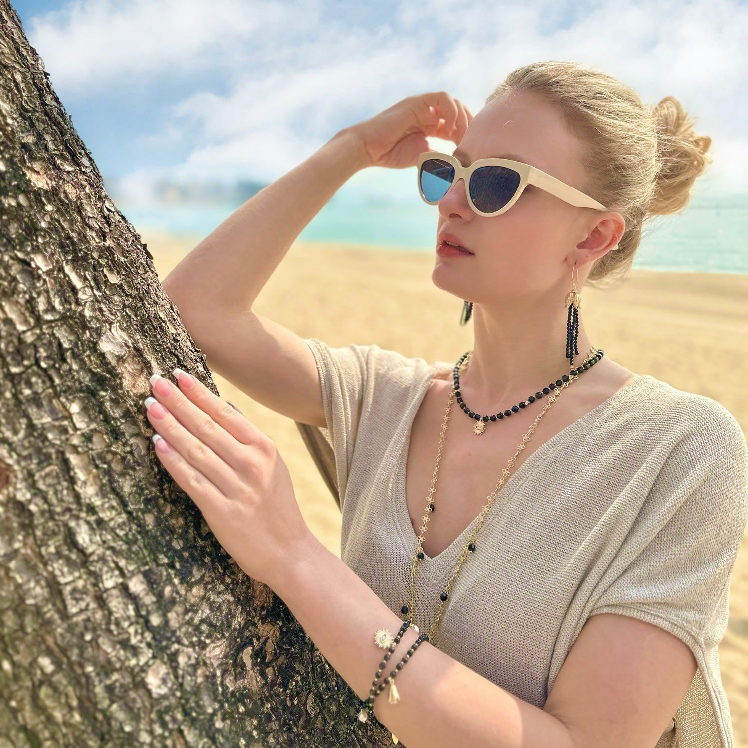 Black Obsidian Beaded Tassel Earrings
