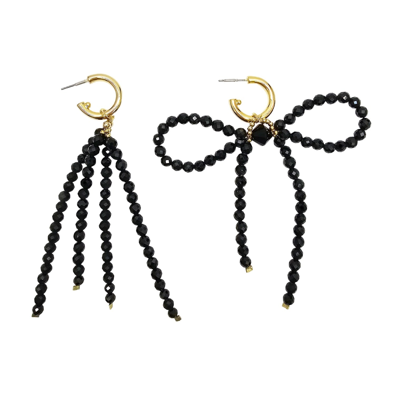 Black Obsidian Crafted Butterfly Knot And Tassel Asymmetric Earrings