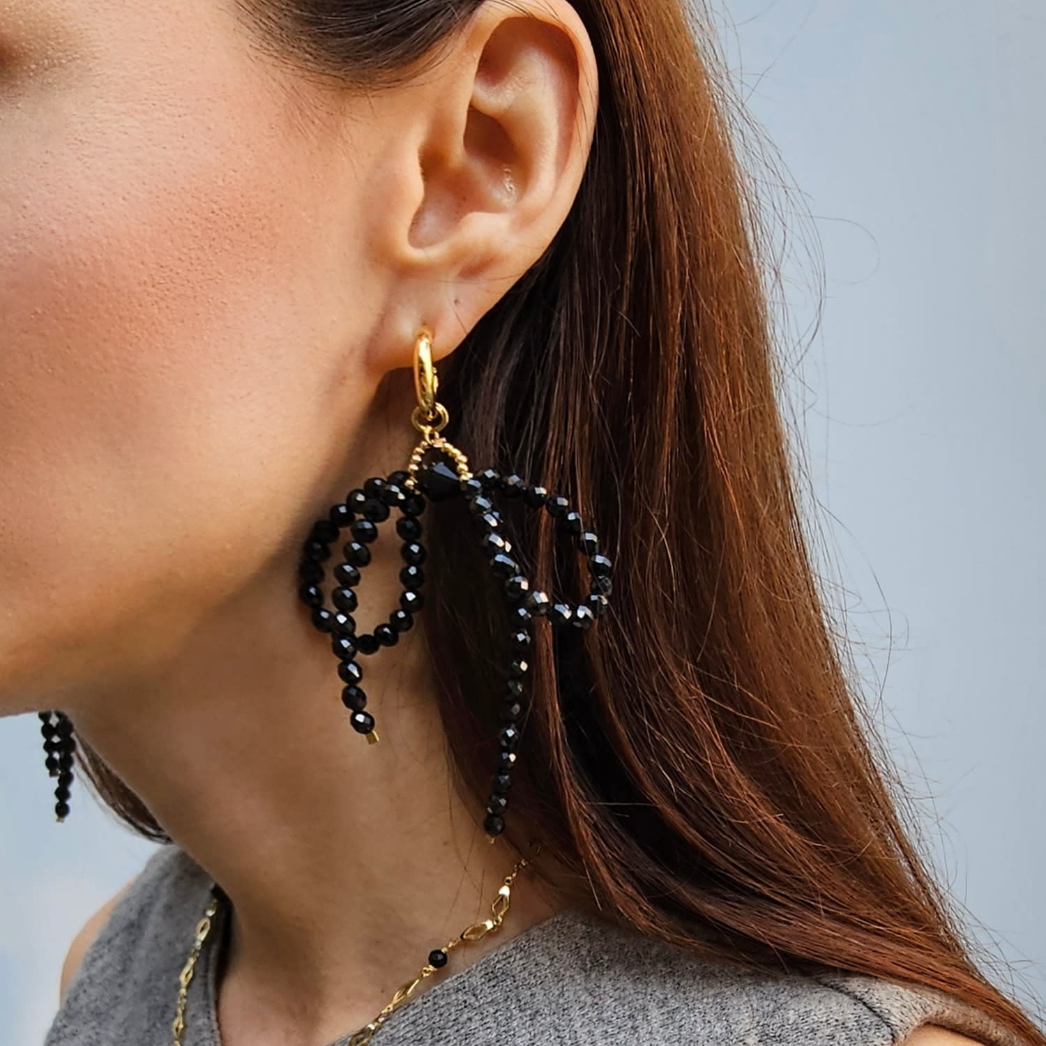 Black Obsidian Crafted Butterfly Knot And Tassel Asymmetric Earrings