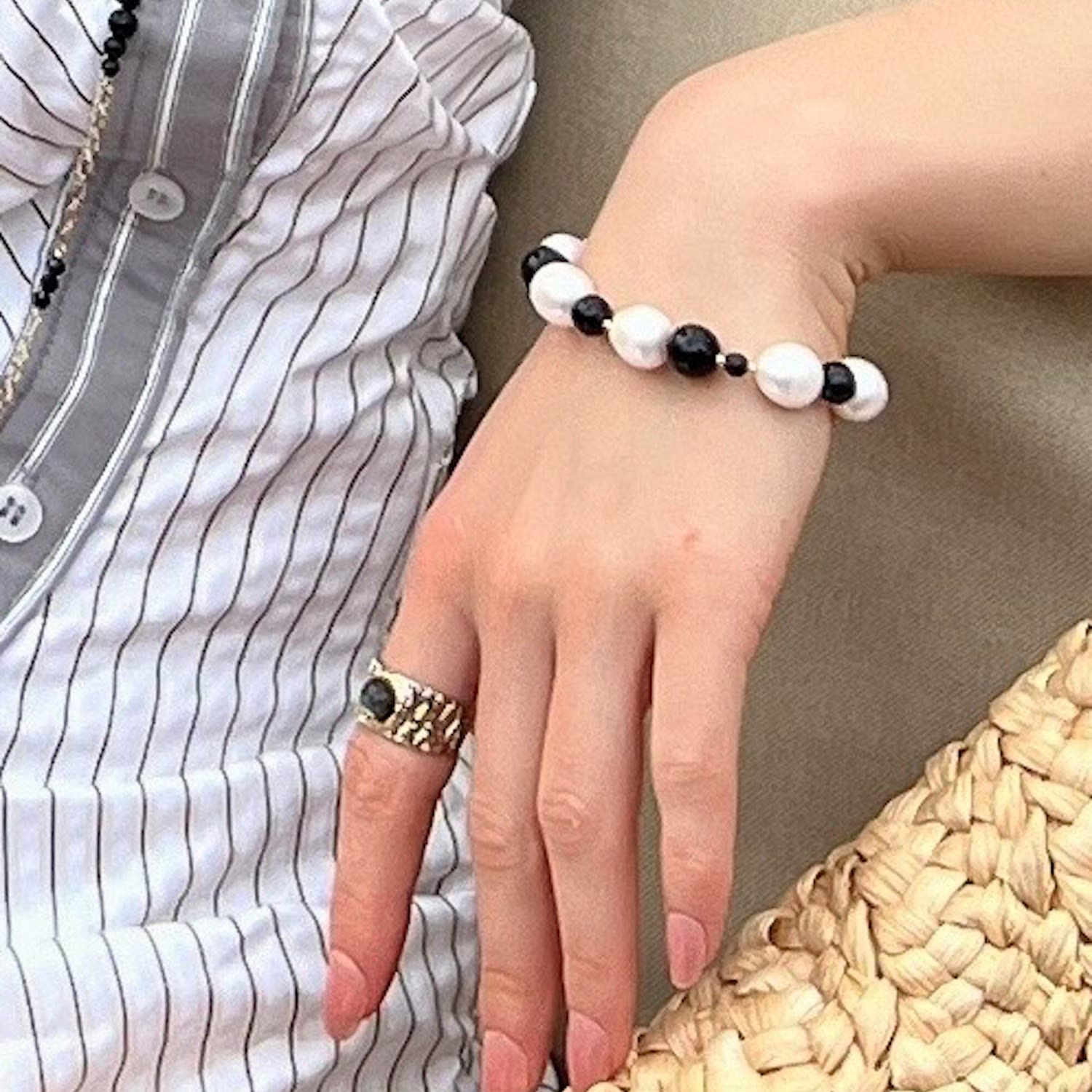 Black Obsidian Stone Platinum Plated Brass Adjustable Ring