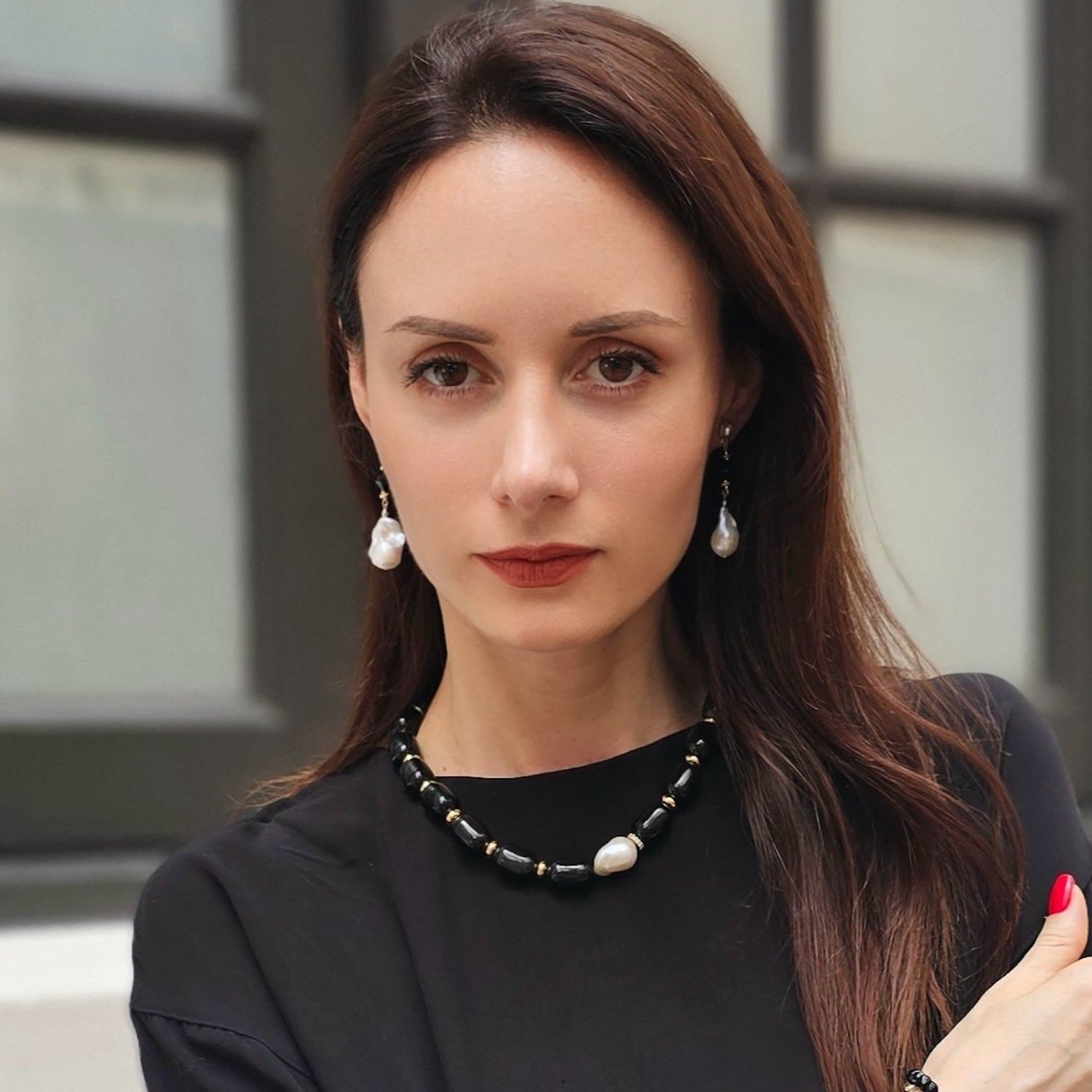 Black Obsidian With Baroque Pearl Pendant Necklace