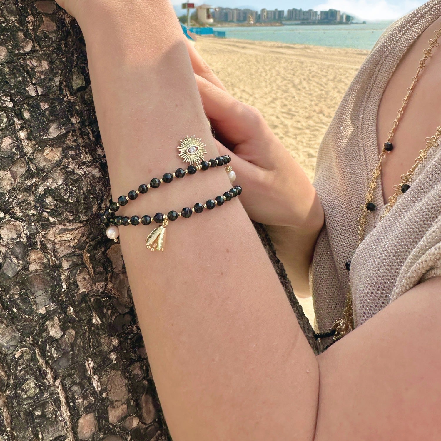 Black Obsidian With Evil Eye Charms Double Layers Bracelet Or Choker