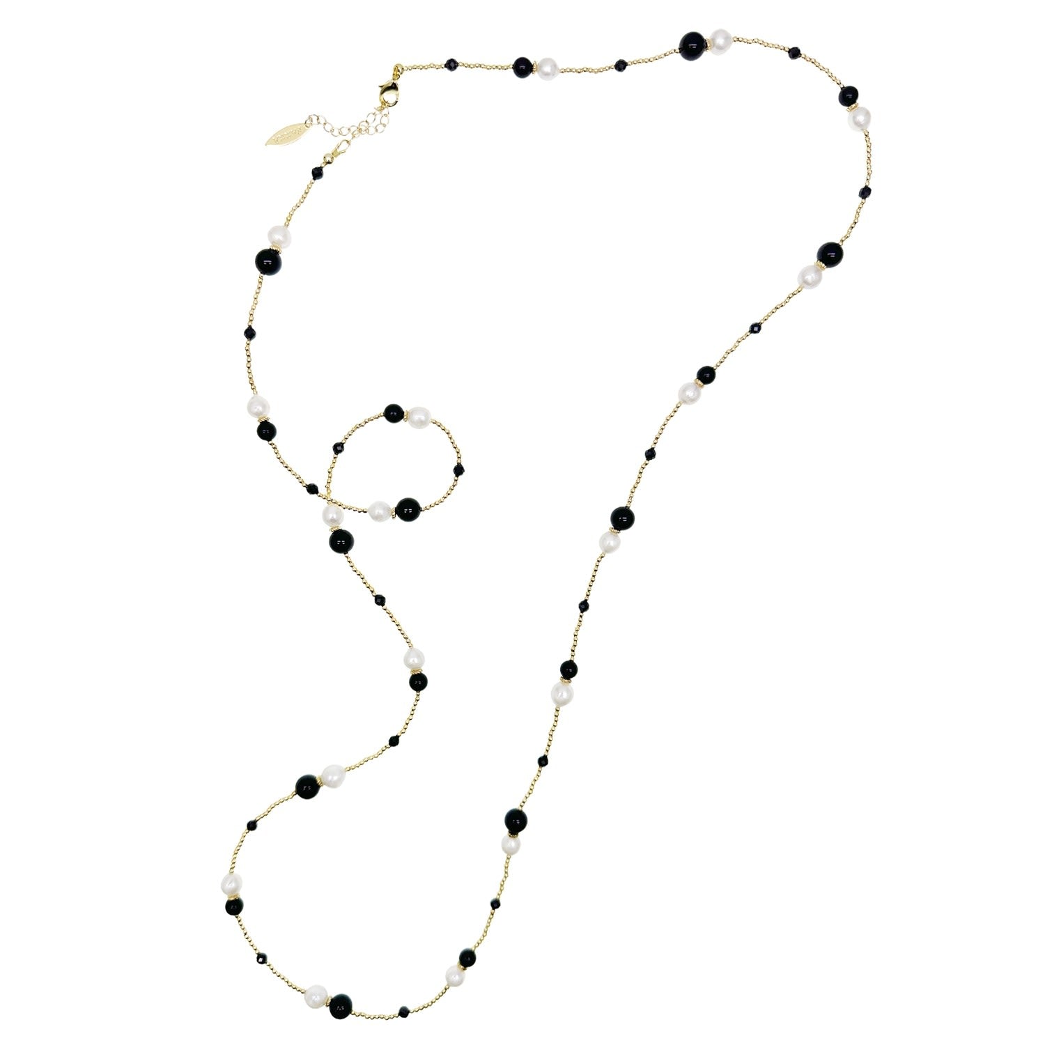 Black Obsidian With Freshwater Pearls Long Necklace