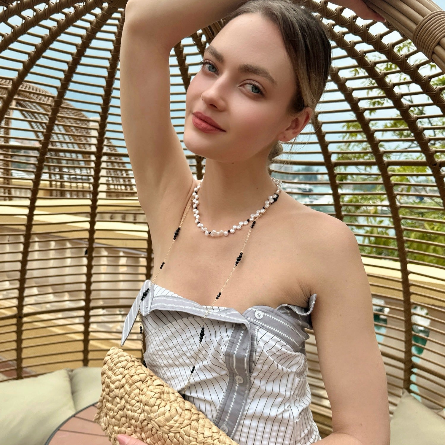 Black Obsidian With Freshwater Pearls Long Necklace