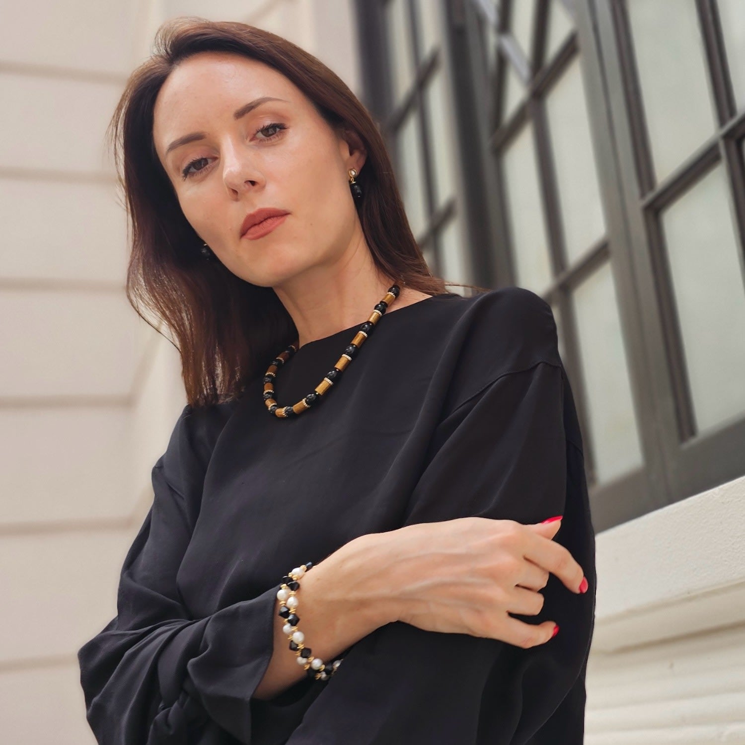 Black Obsidian With Pearls Clip-On Earrings