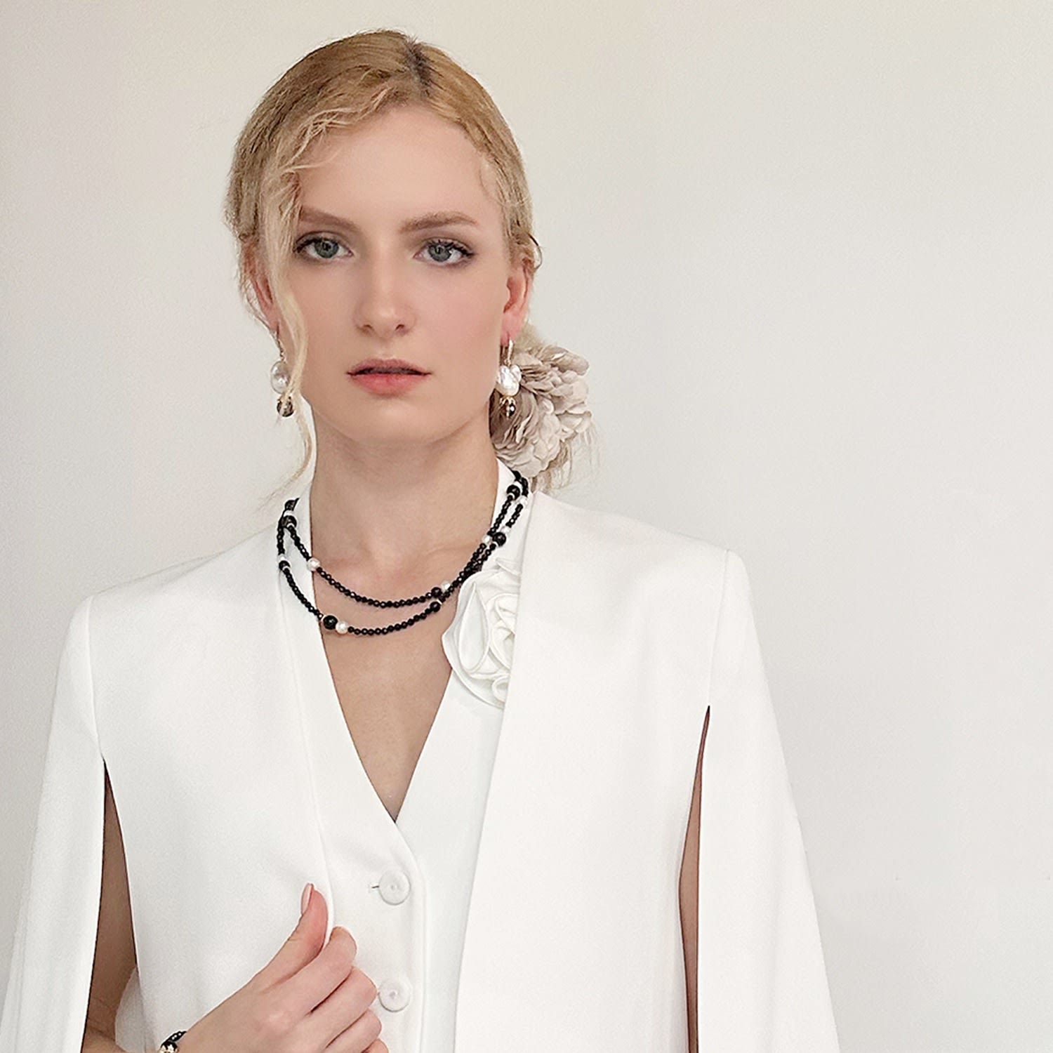 Classic Black Obsidian With White Freshwater Pearls Double Layers Necklace