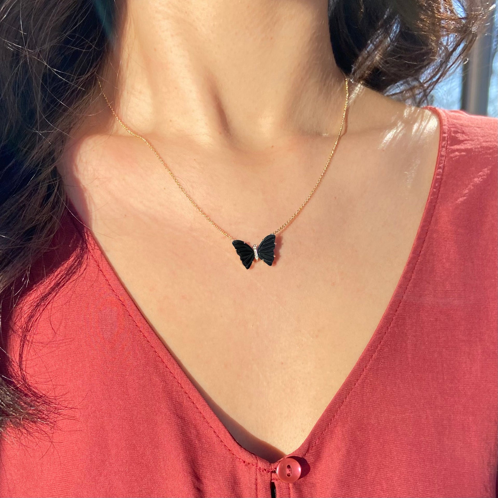 Black Onyx Butterfly Necklace With Diamonds & Prongs