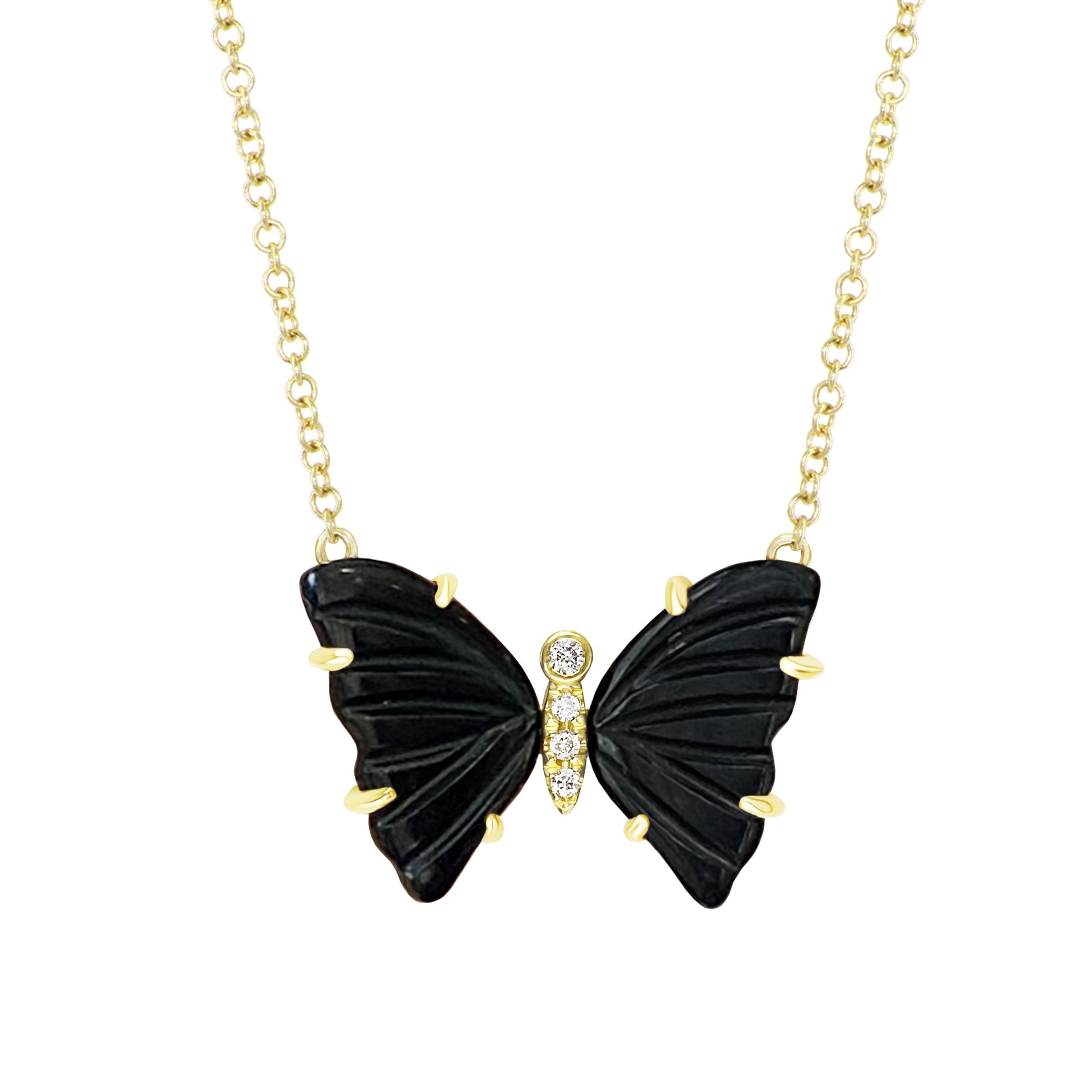 Black Onyx Butterfly Necklace With Diamonds & Prongs