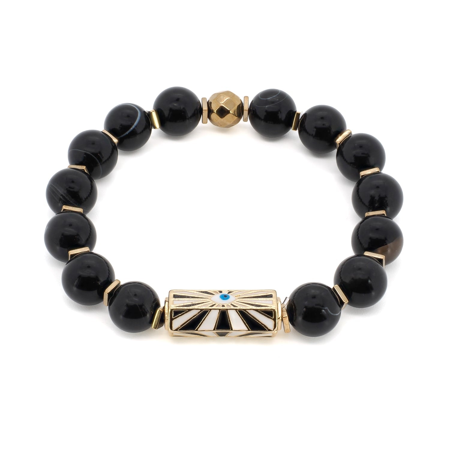 Black Onyx Stone Beaded Evil Eye Charm Bracelet - Black