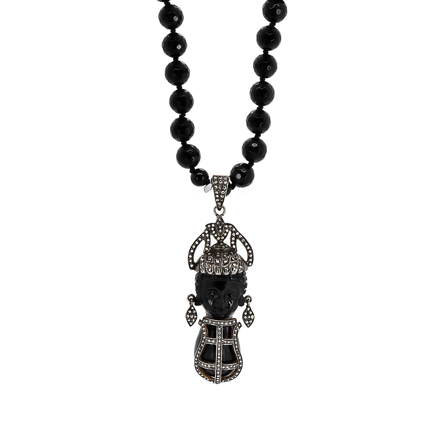 African Queenn Pave Diamond Pendant Black Onyx Stone Beaded Necklace - Black
