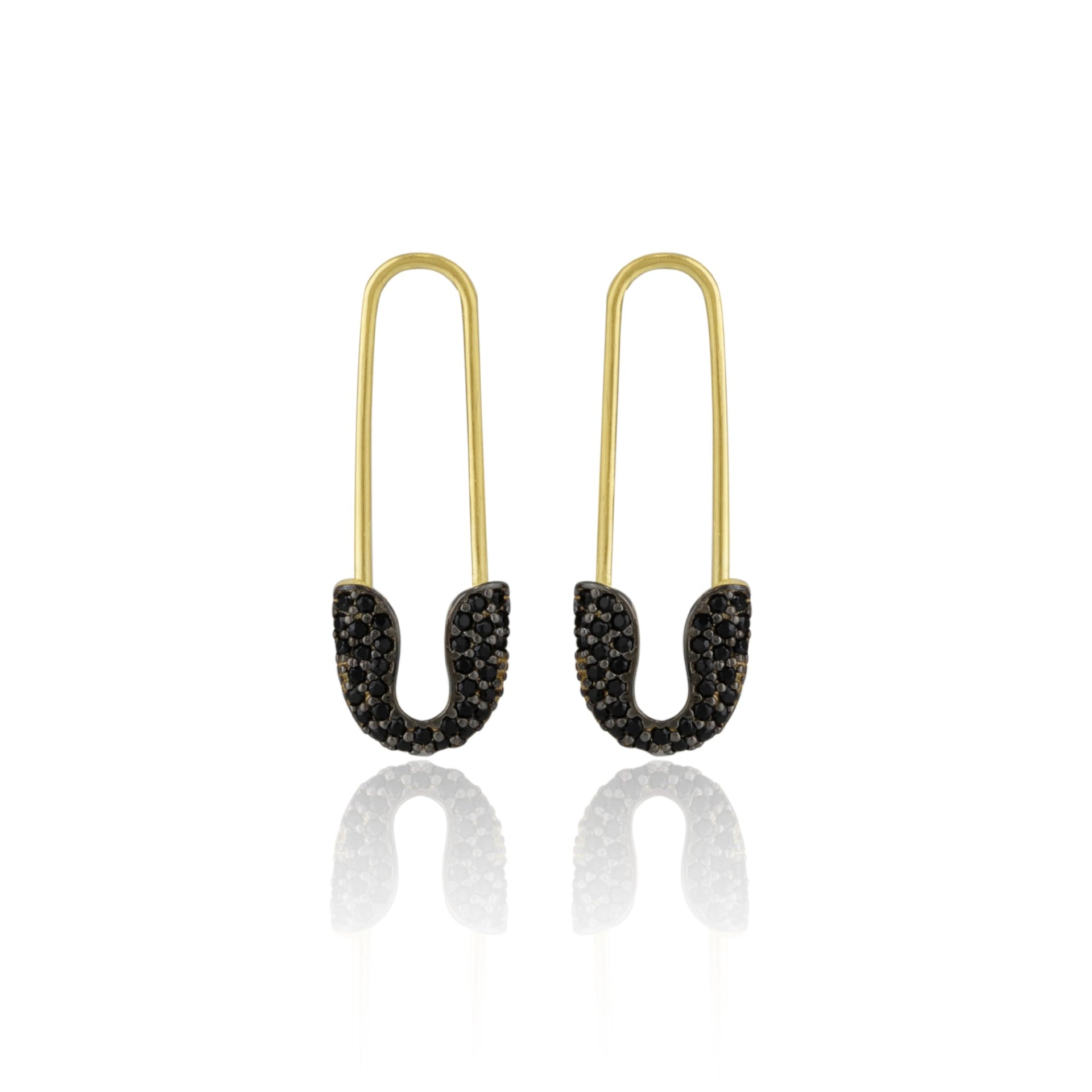 Black Pave Safety Pin Earrings Jewelled Sterling Silver - Gold