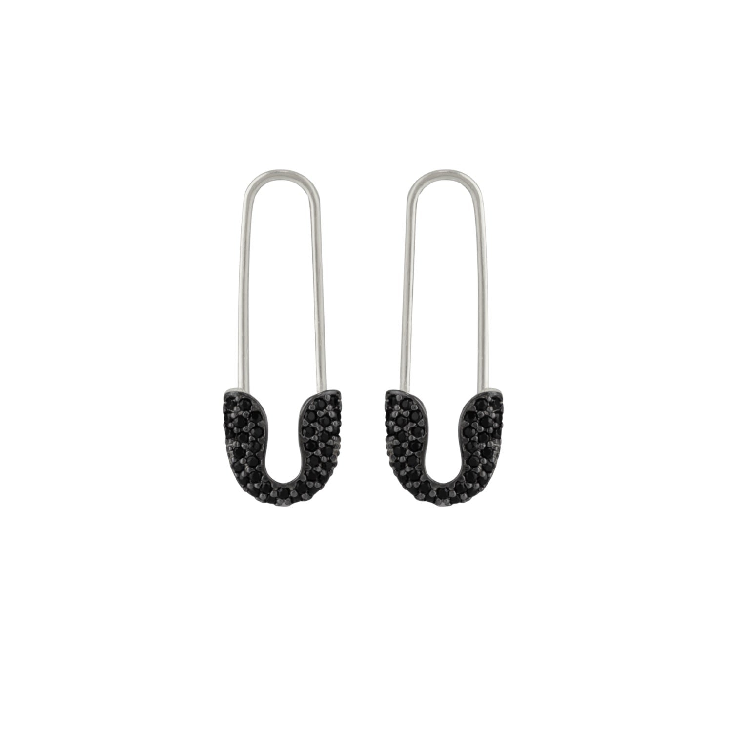 Black Pave Safety Pin Earrings Jewelled Sterling Silver - Silver