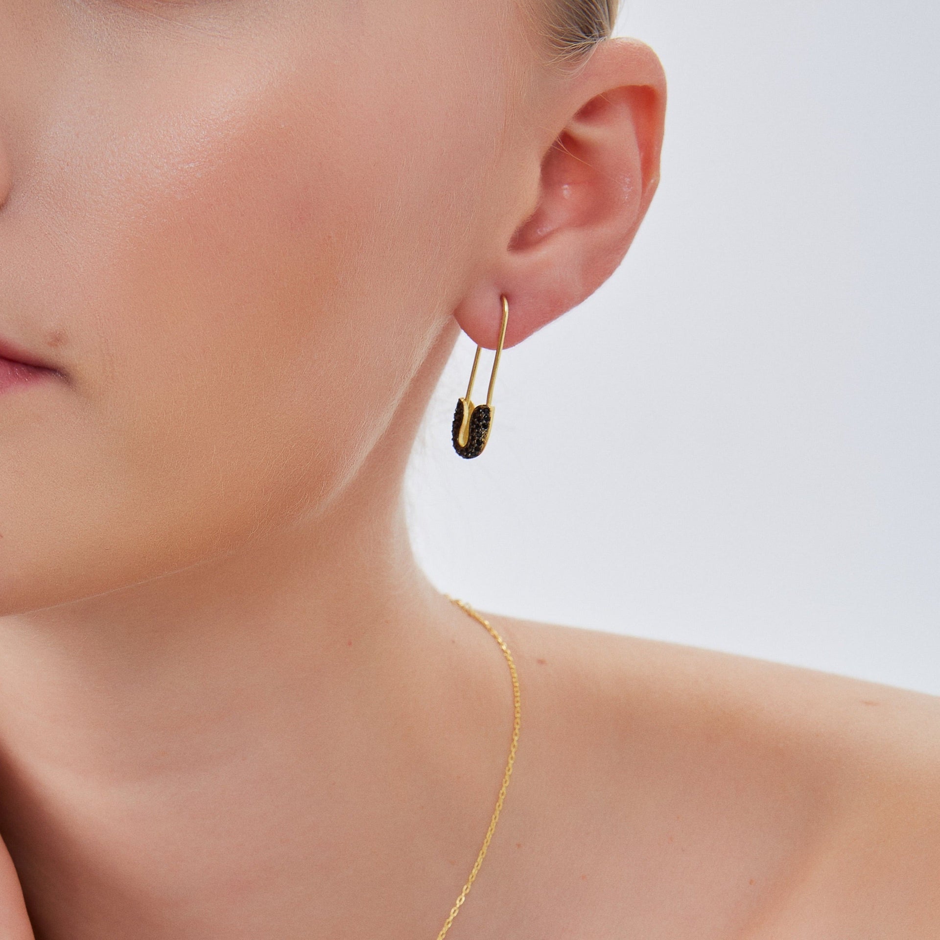 Black Pave Safety Pin Earrings Jewelled Sterling Silver - Gold