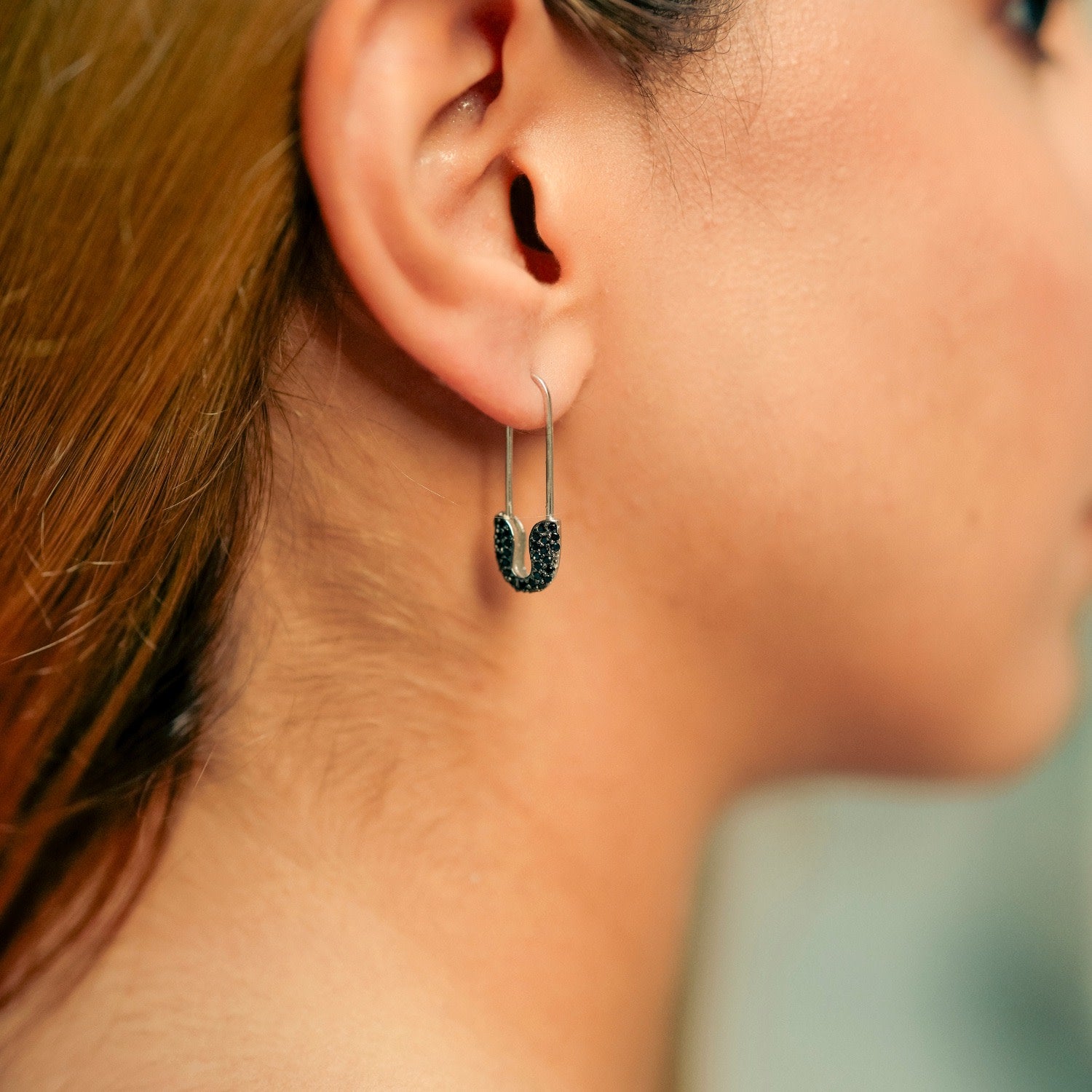 Black Pave Safety Pin Earrings Jewelled Sterling Silver - Silver