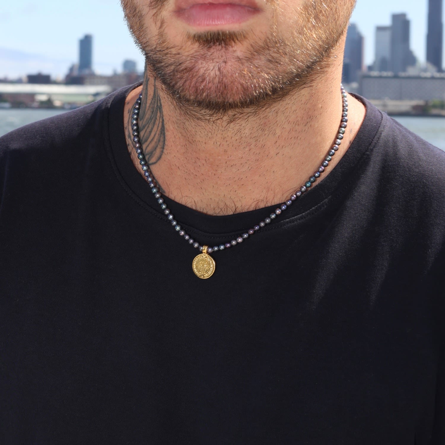 Black Pearl Gold Coin Necklace