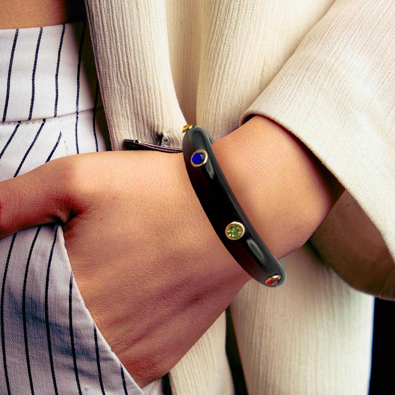 Black Resin Bangle With Multi-Color Crystals