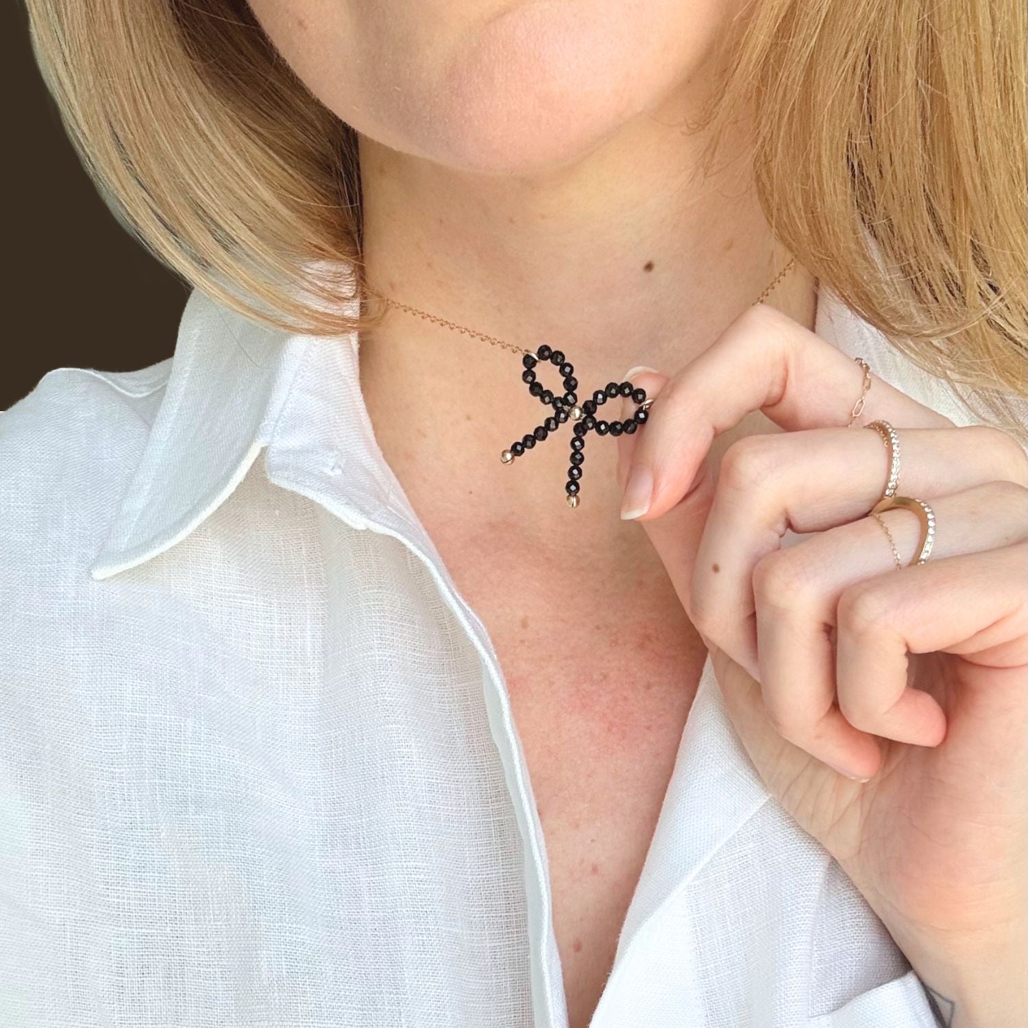 Black Spinel Bow Charm Necklace