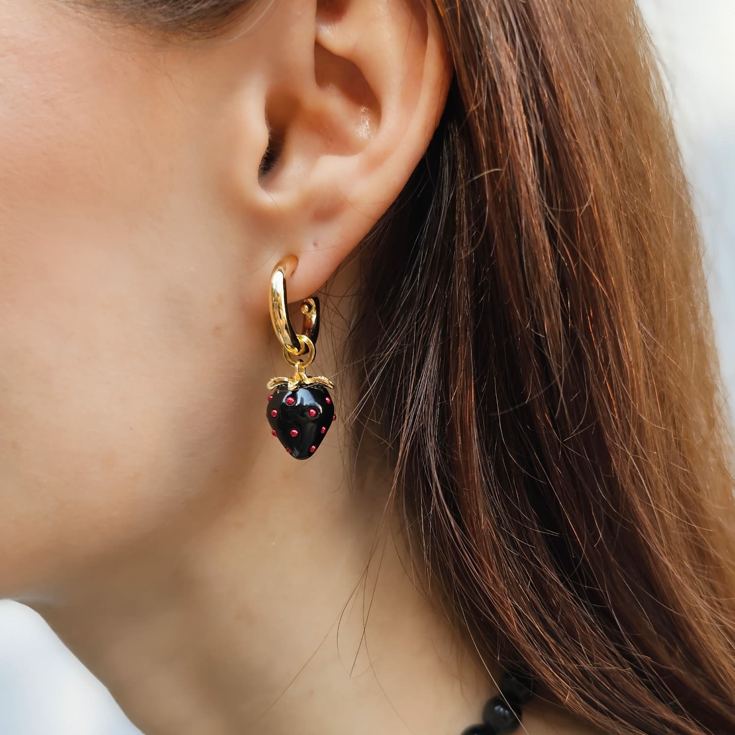 Black Strawberry Dangle Hoop Earrings