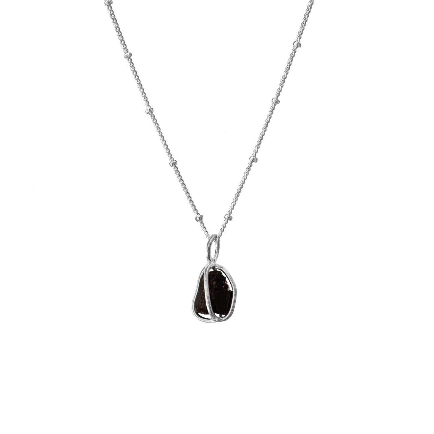 Black Tourmaline Raw In Cage Pendant On Sterling Silver