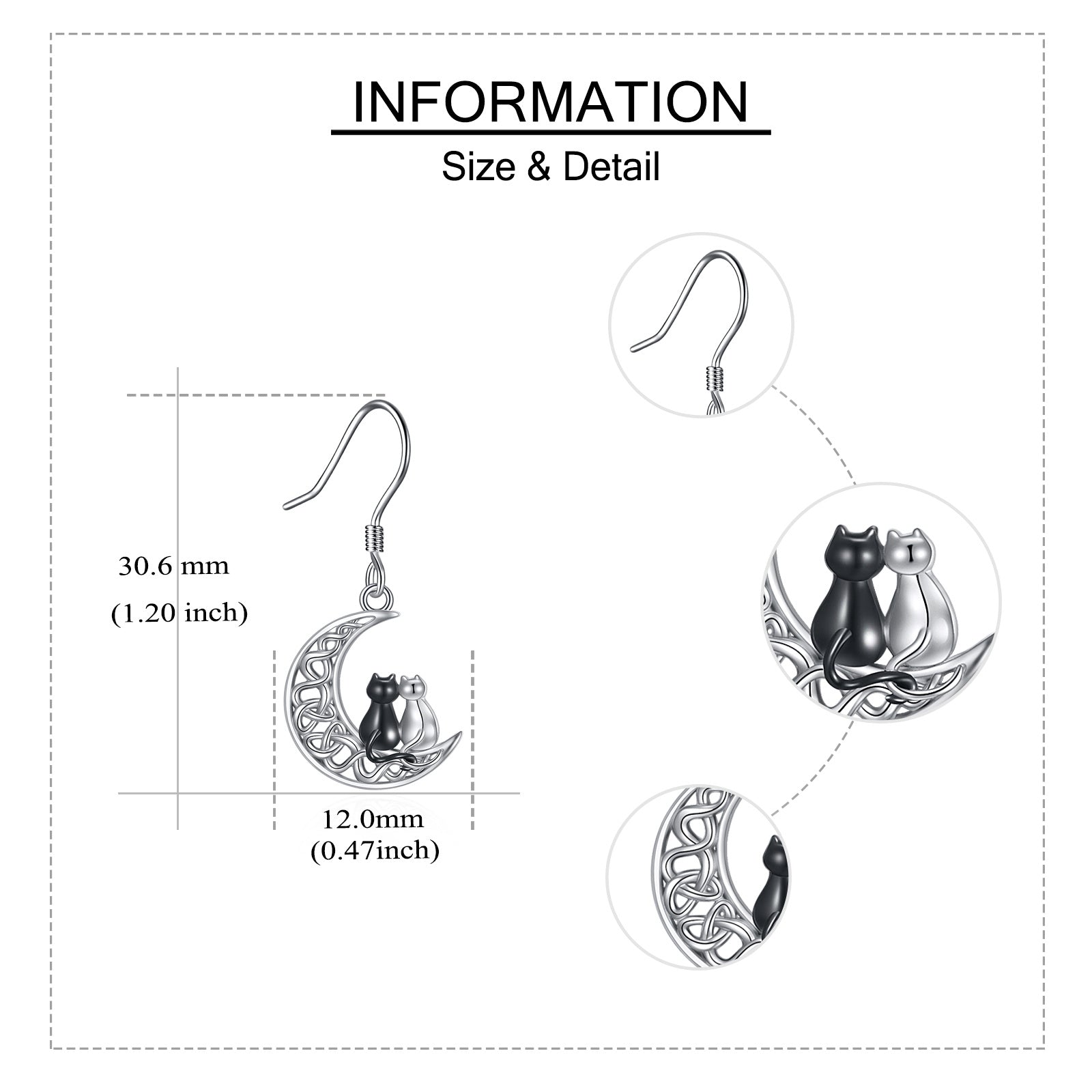 Sterling Silver Two-tone Cat & Celtic Knot & Moon Drop Earrings