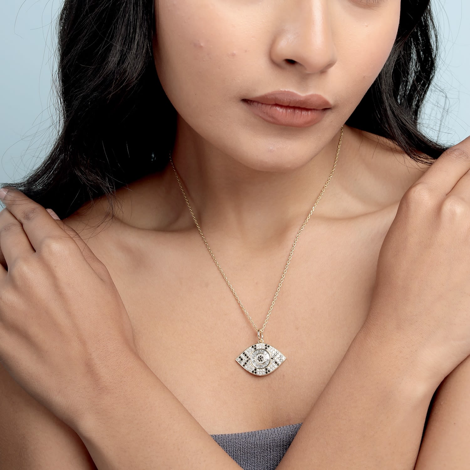 Black & White Diamond Evil Eye Pendant In 18K Yellow Gold