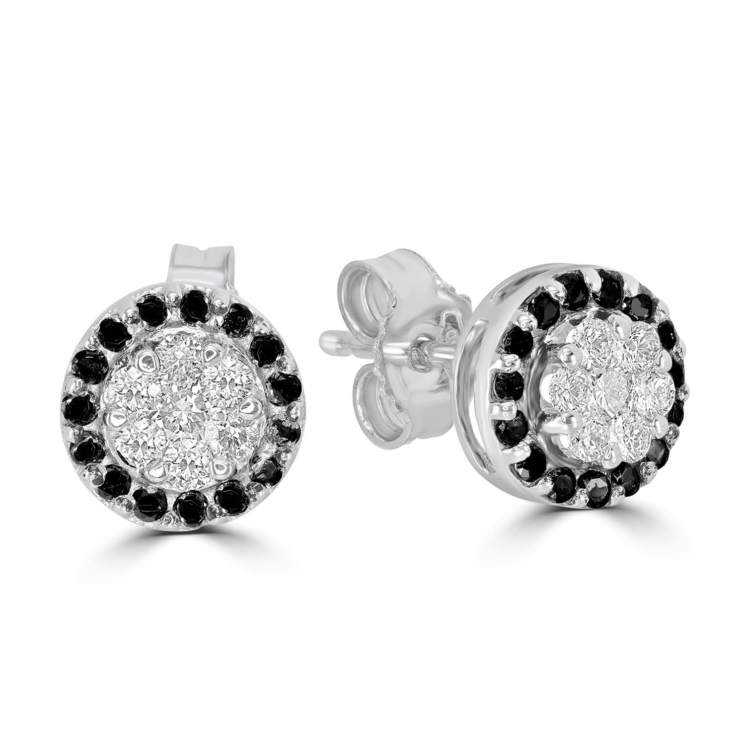Round White & Black Diamond Halo Stud Earrings In White Gold