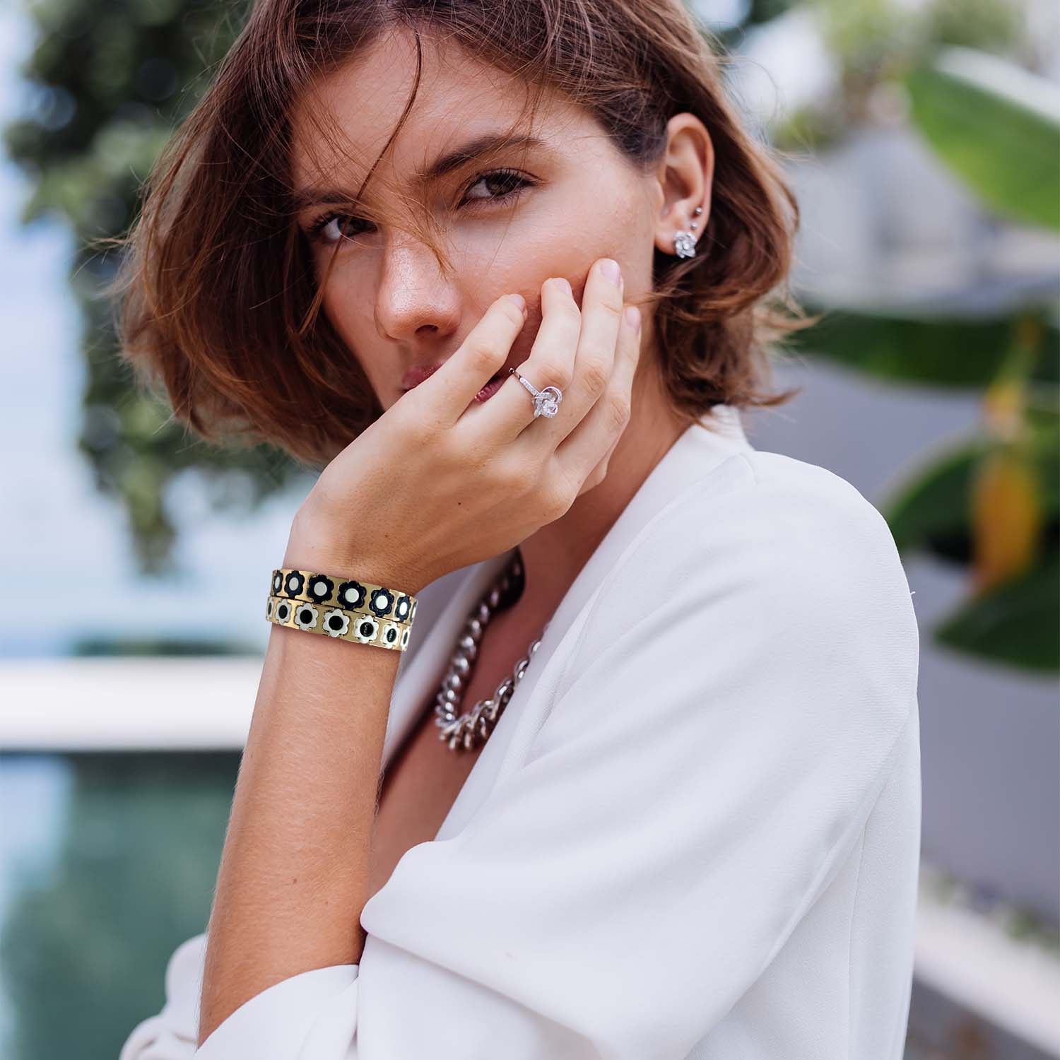 Black, White, Navy, And Gold Enamel Two-Strand Elasticized Bracelets