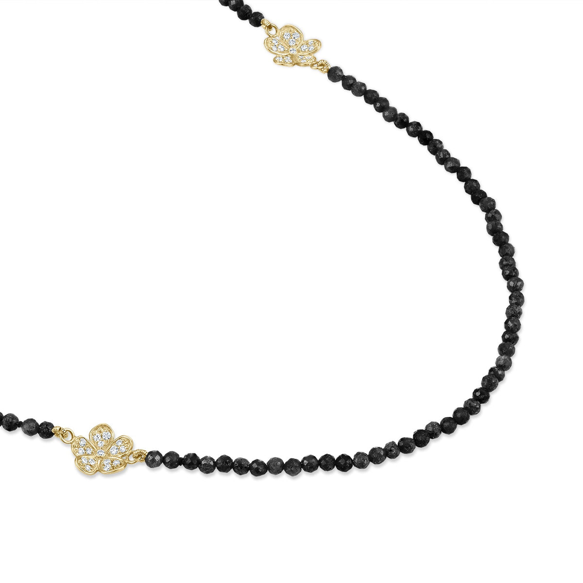 Long Beaded Black Agate Necklace with Small Pavé Diamond Florettes