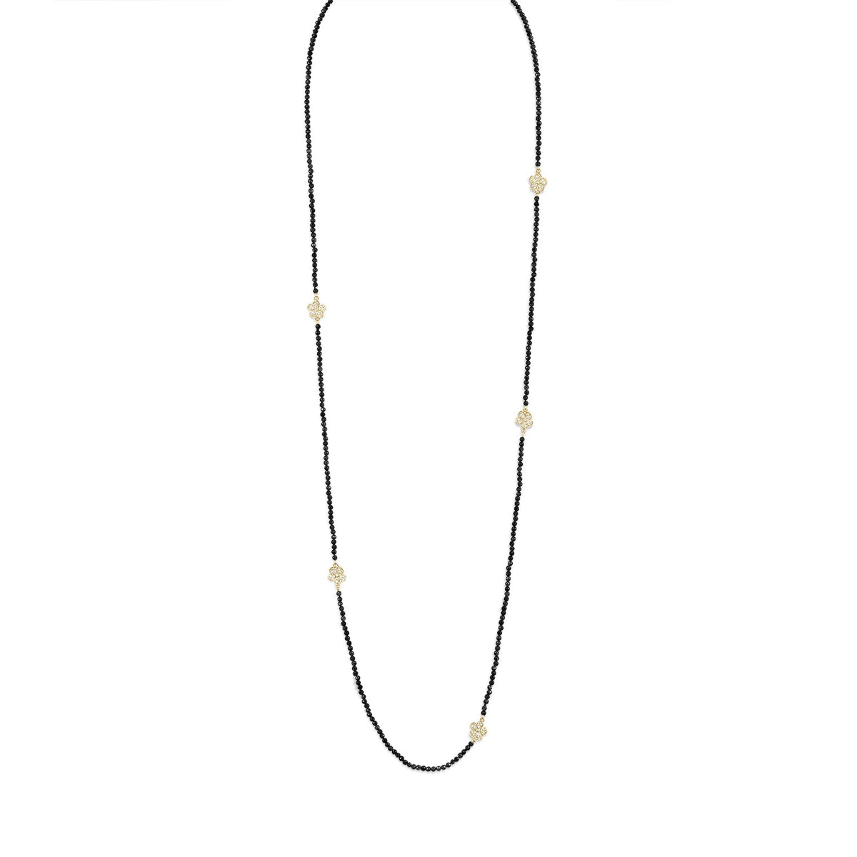 Long Beaded Black Agate Necklace with Small Pavé Diamond Florettes