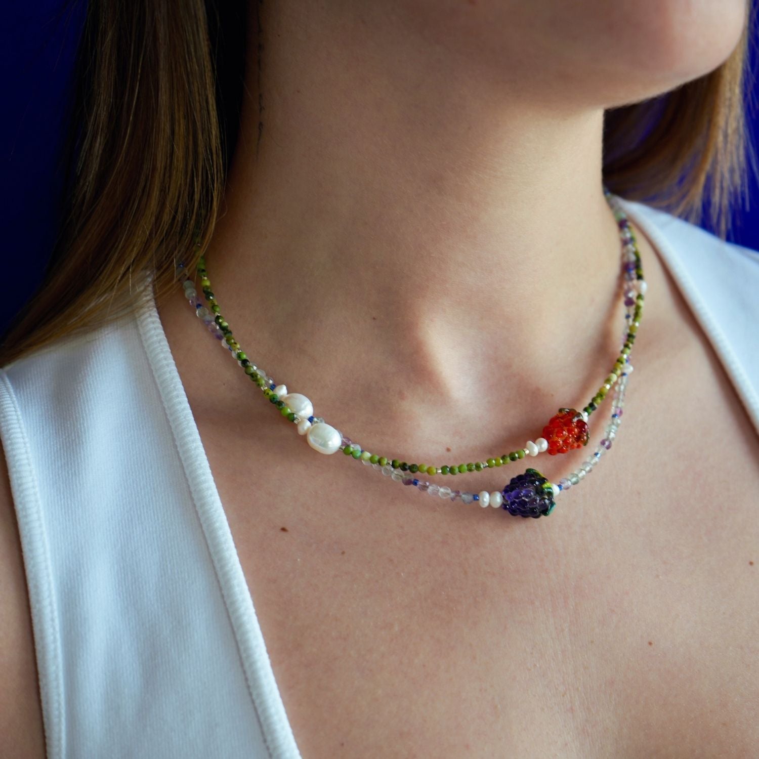 Blackberry Jam – Handmade Delicate Beaded Neklace With Murano Fruit Figure, Gemstone & Pearl