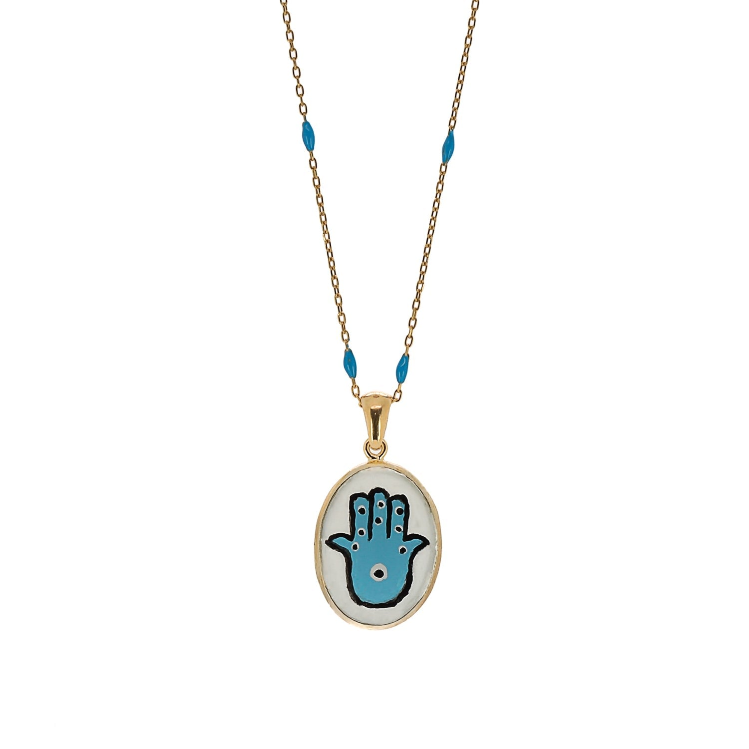 Hamsa Hand Good Fortune Turquoise Pendant Gold Chain Necklace - Turquoise