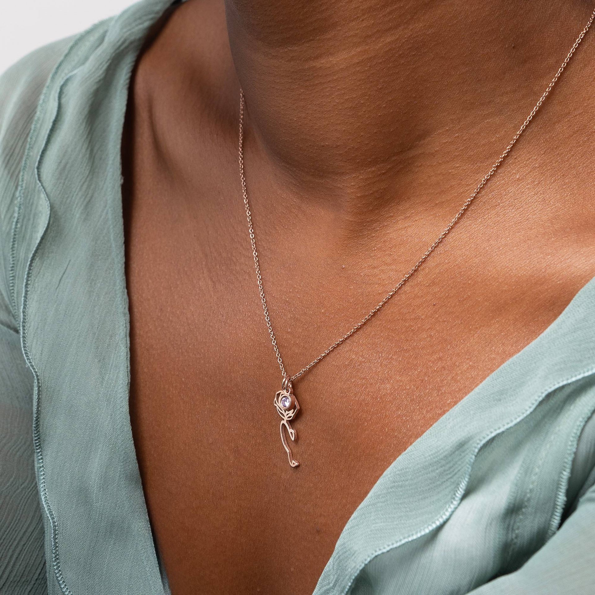 Blooming Birth Flower Arabic Name Necklace with Birthstone in 18K Rose Gold Plating