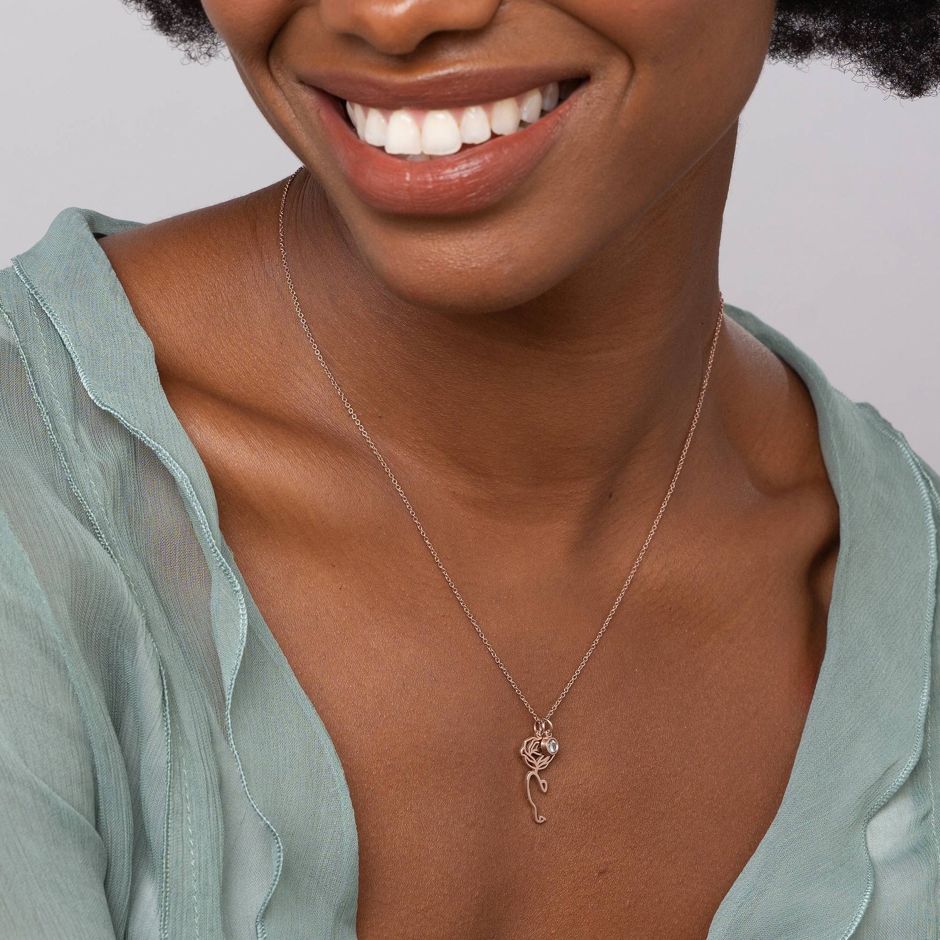 Blooming Birth Flower Arabic Name Necklace with Diamond in 18K Rose Gold Plating