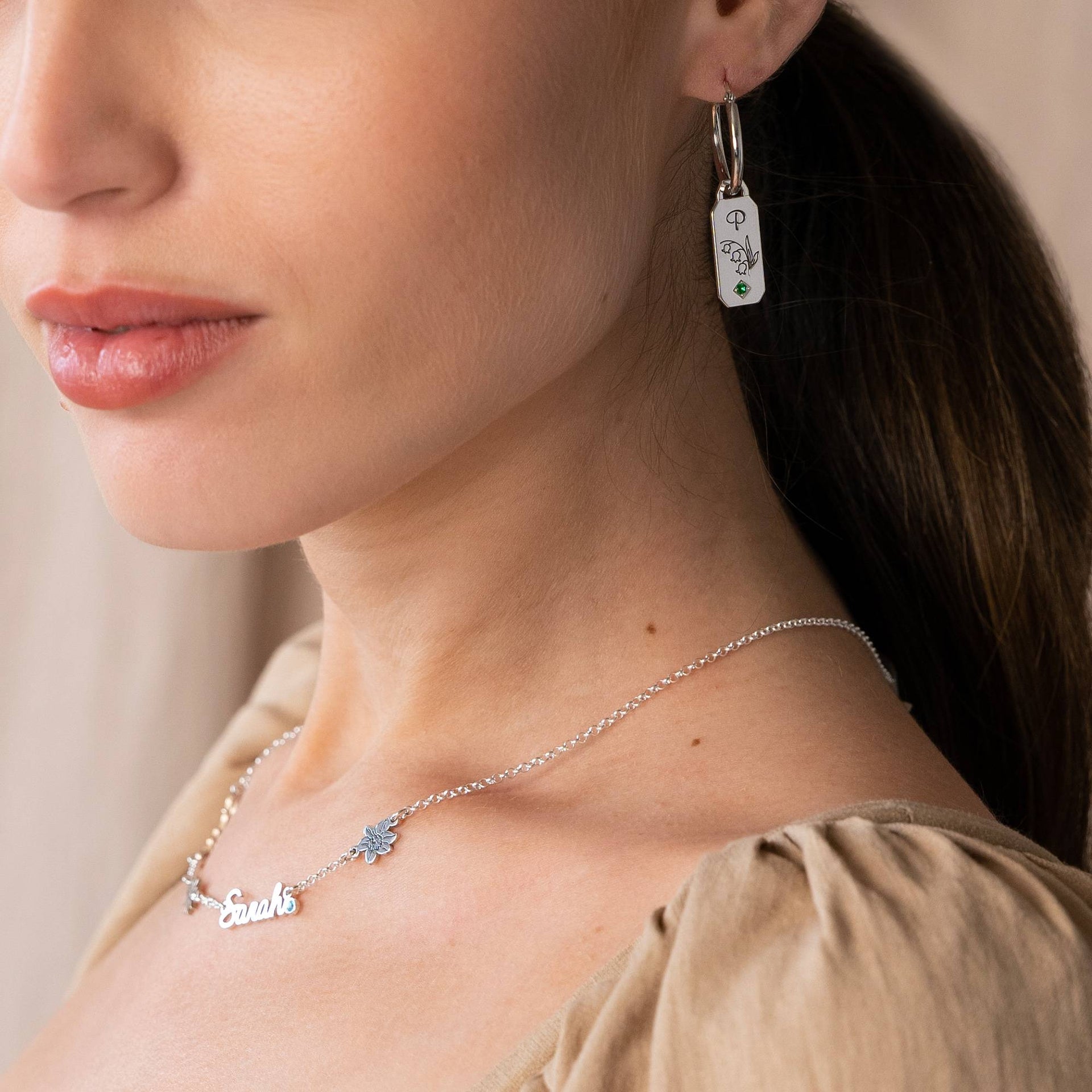 Blooming Birth Flower Hoop Earrings with Birthstone in Sterling Silver