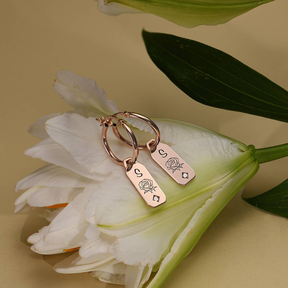 Blooming Birth Flower Hoop Earrings with Diamond in 18K Rose Gold Plating
