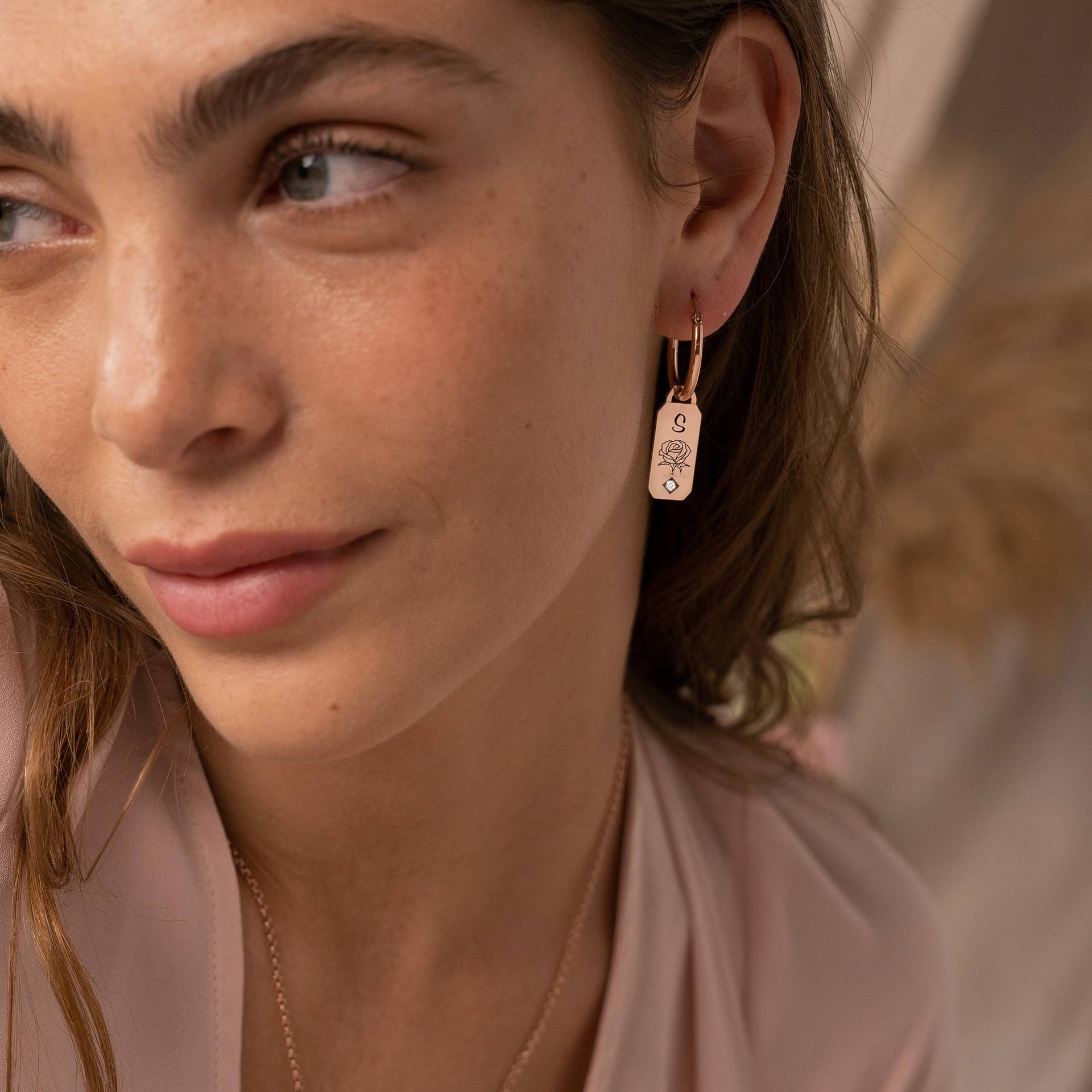 Blooming Birth Flower Hoop Earrings with Diamond in 18K Rose Gold Plating