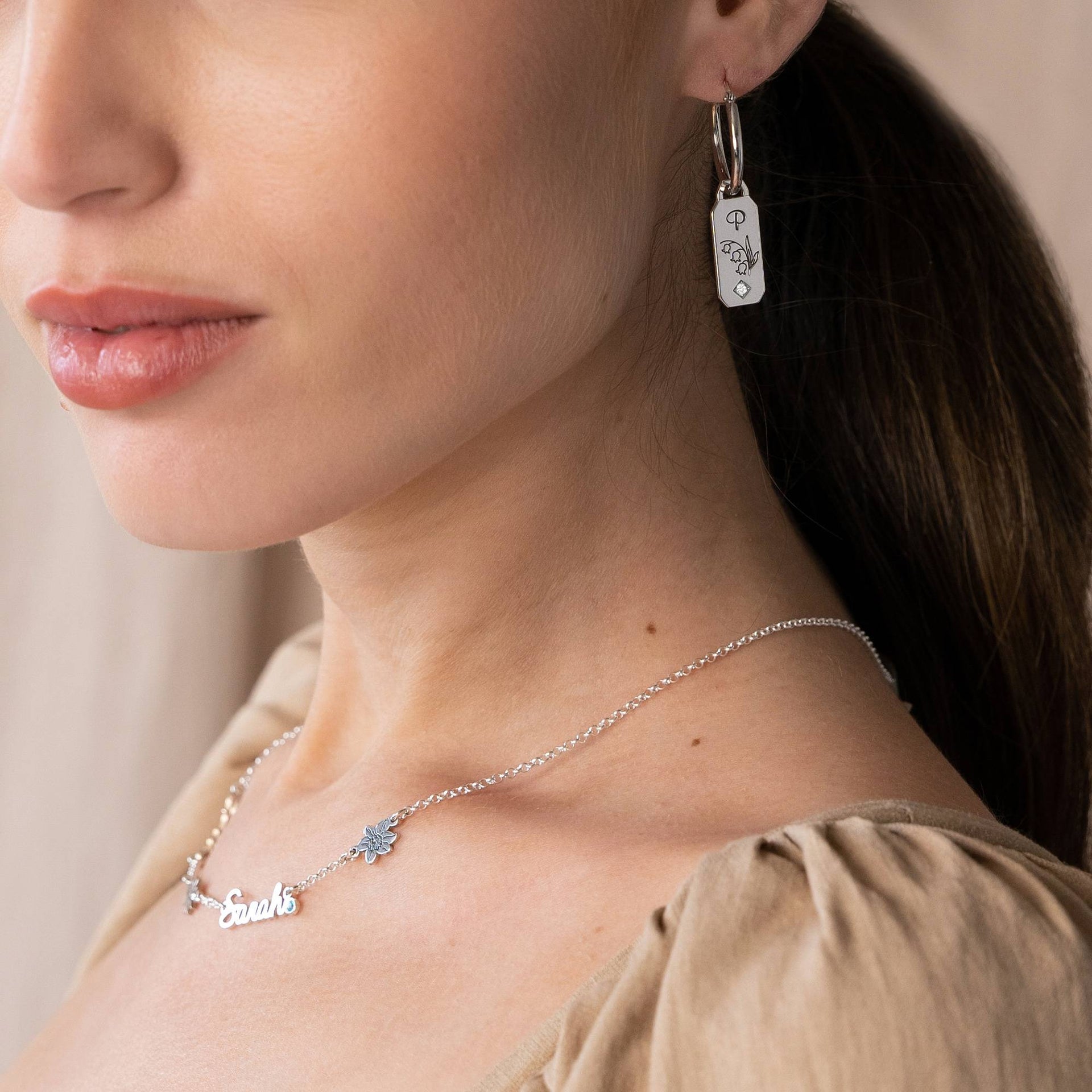 Blooming Birth Flower Hoop Earrings with Diamond in Sterling Silver