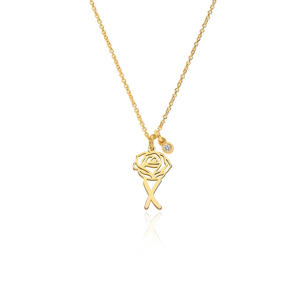 Blooming Birth Flower Initial Necklace with Diamond in 18K Gold Plating