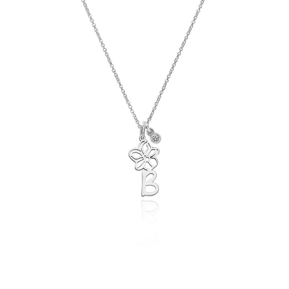 Blooming Birth Flower Initial Necklace with Diamond in Sterling Silver
