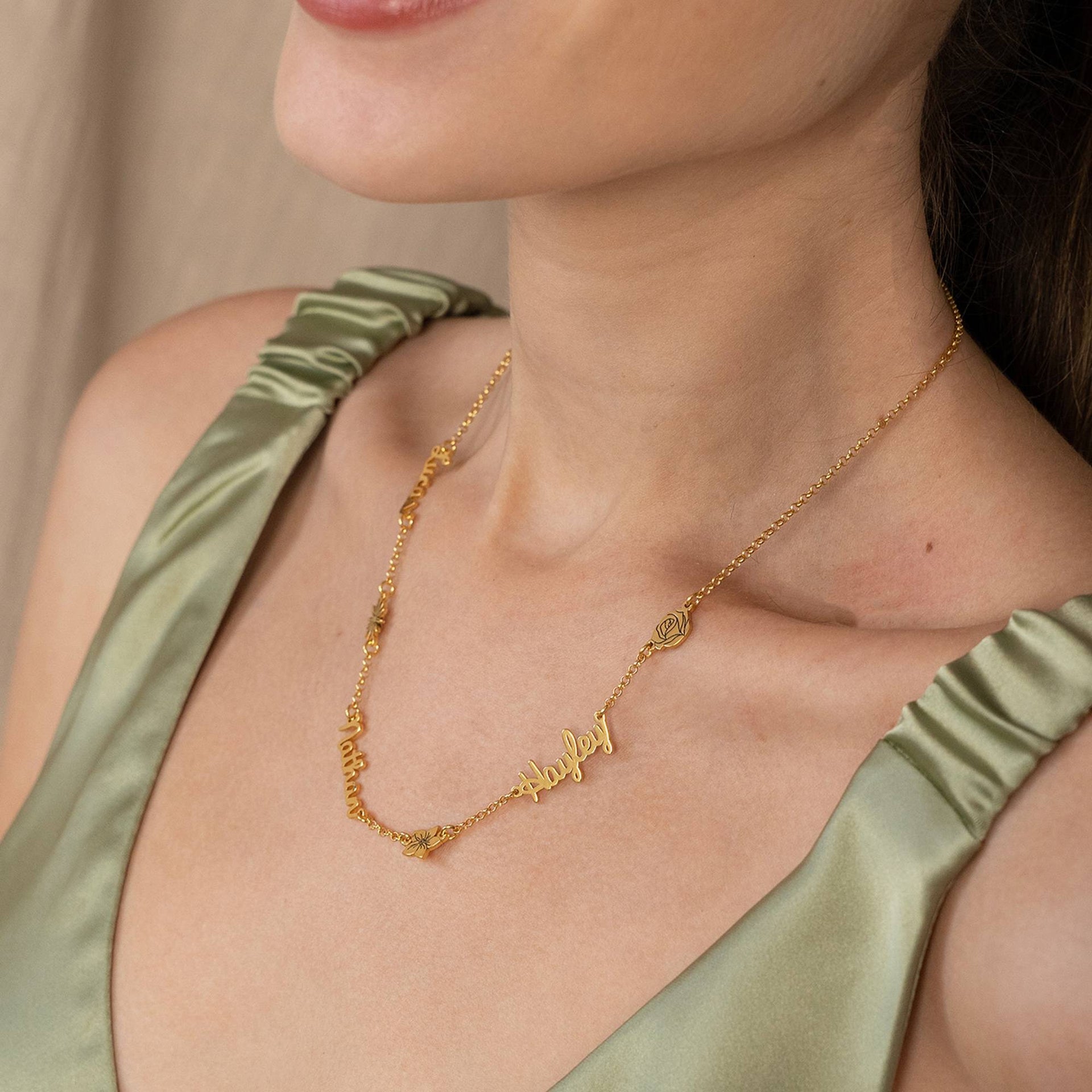 Blooming Birth Flower Multi Name Necklace in 18K Gold Plating