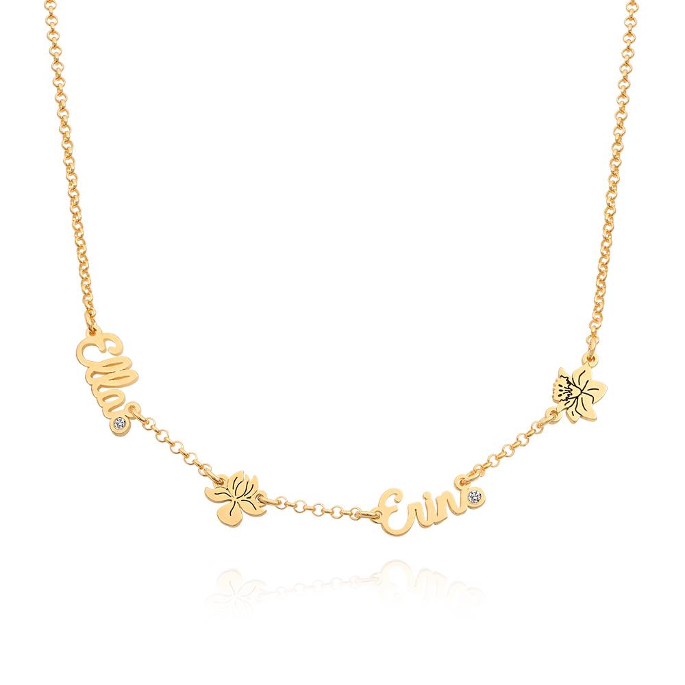 Blooming Birth Flower Multi Name Necklace with Birthstone in 18K Gold Plating