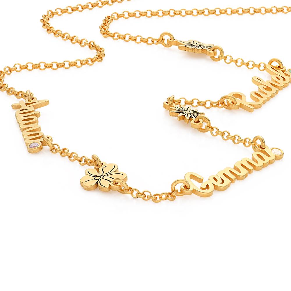 Blooming Birth Flower Multi Name Necklace with Birthstone in 18K Gold Vermeil