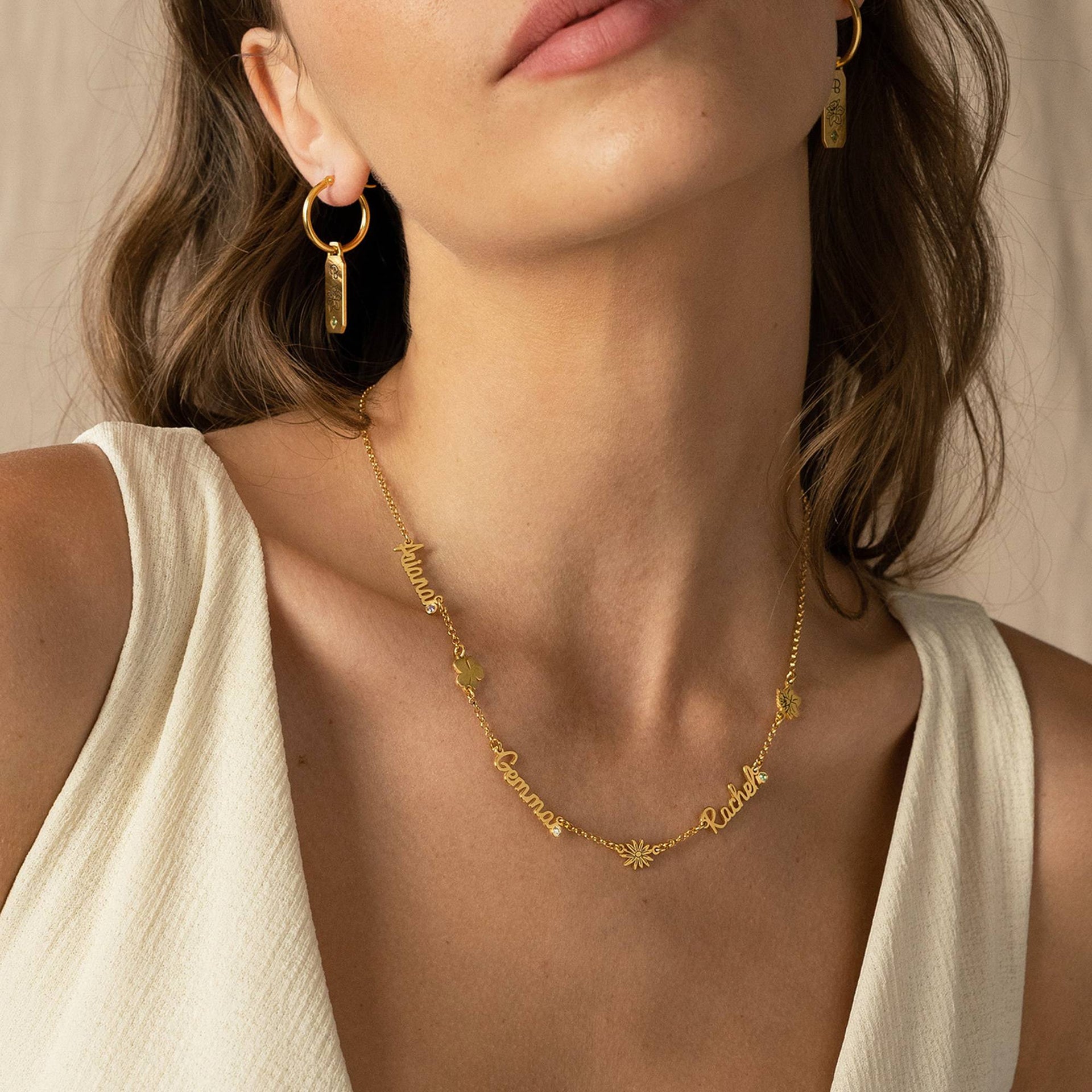 Blooming Birth Flower Multi Name Necklace with Birthstone in 18K Gold Vermeil