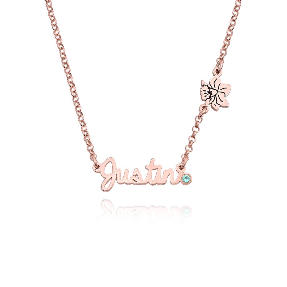 Blooming Birth Flower Multi Name Necklace with Birthstone in 18K Rose Gold Plating
