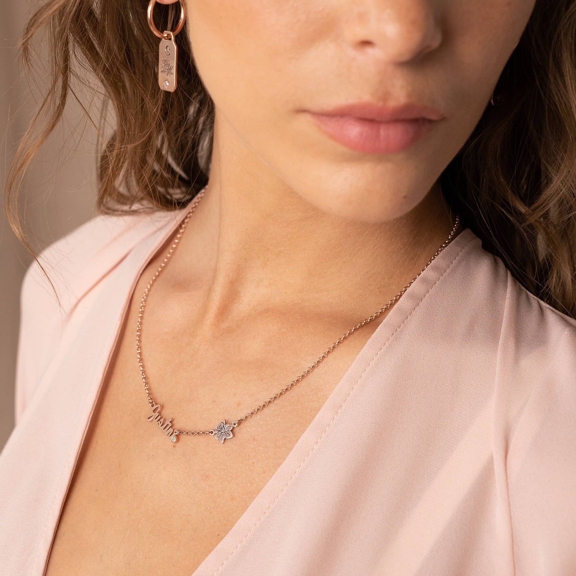 Blooming Birth Flower Multi Name Necklace with Birthstone in 18K Rose Gold Vermeil