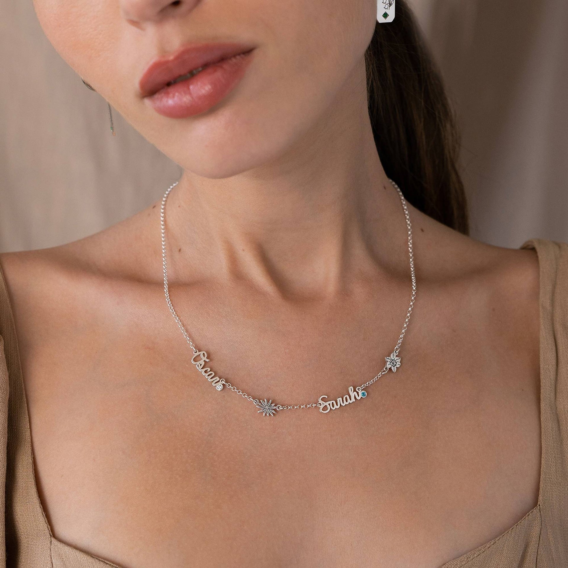 Blooming Birth Flower Multi Name Necklace with Birthstone in Sterling Silver