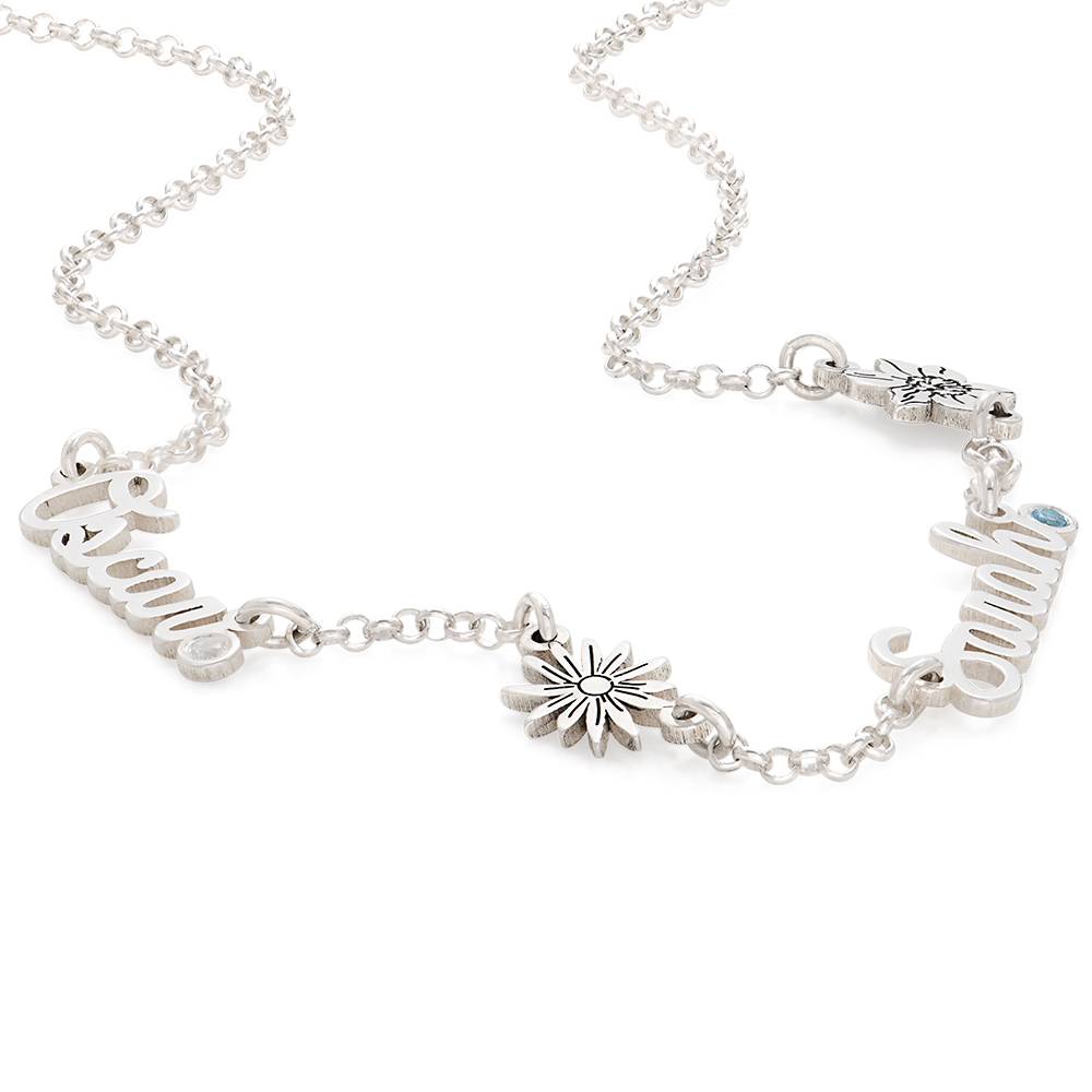 Blooming Birth Flower Multi Name Necklace with Birthstone in Sterling Silver