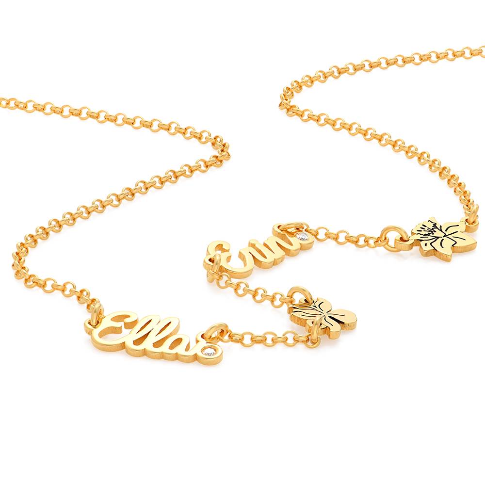 Blooming Birth Flower Multi Name Necklace with Diamond in 18K Gold Plating